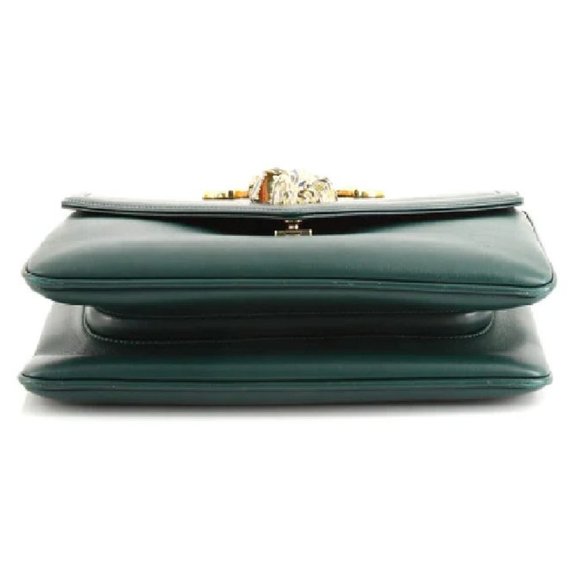 Gucci Rajah Chain Shoulder Bag Leather Medium Gold Dark Green Handbag Vitello NW - Picture 4 of 16